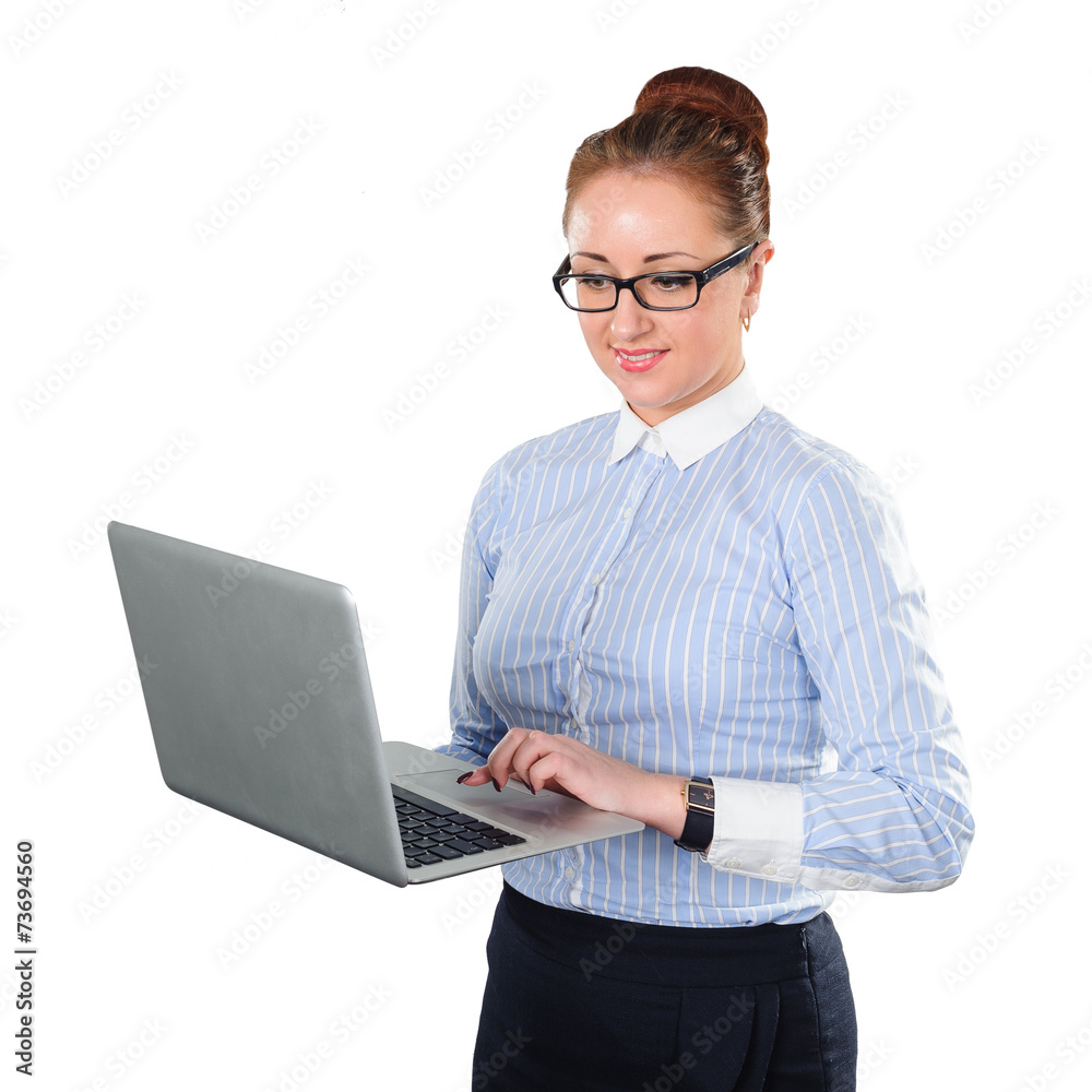 Business woman holding laptop in hand Business woman holding laptop in hand