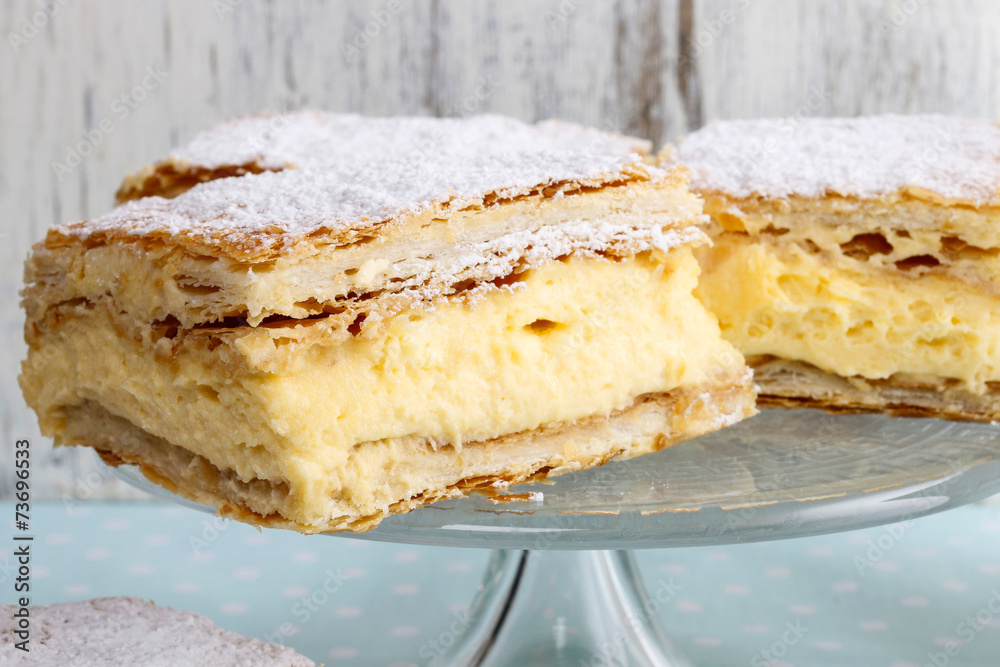 Cream pie made of two layers of puff pastry, filled with whipped Cream pie made of two layers of puff pastry, filled with whipped