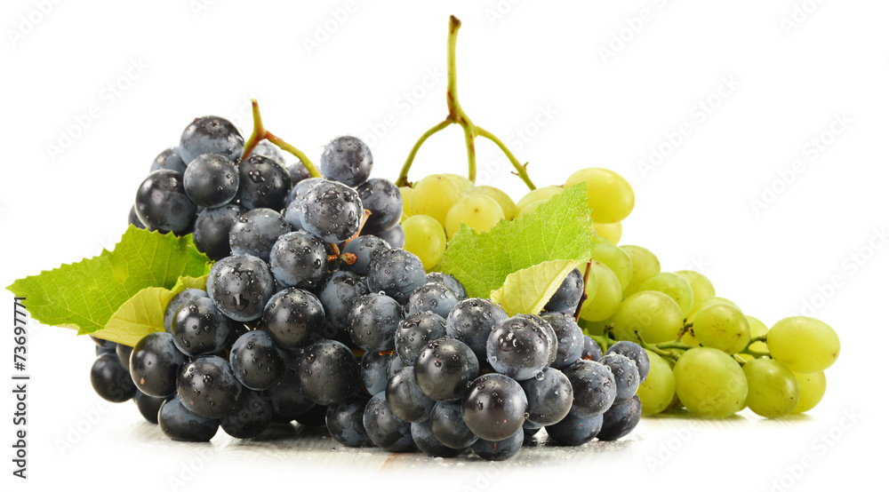 Two bunches of red and white grapes isolated on white Two bunches of red and white grapes isolated on white