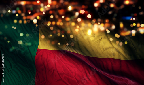 Benin National Flag Light Night Bokeh Abstract Background photo