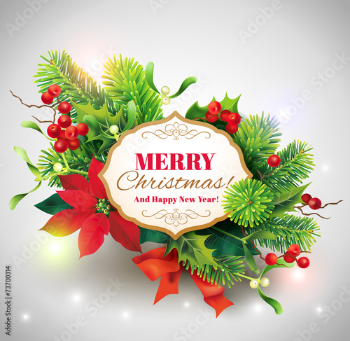 Christmas card with floral decoration. Vector