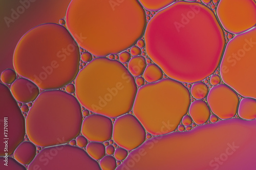 red drops of oil and air bubbles on the water