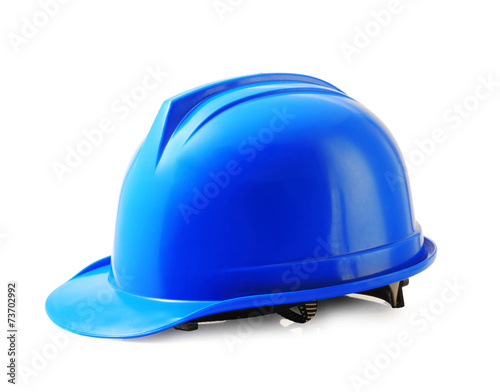 Blue safety helmet on white, hard hat isolated clipping path.