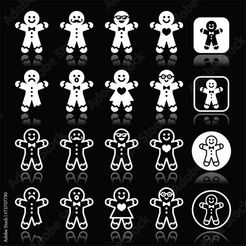 Gingerbread man Christmas white icons on black
