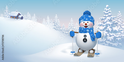 skiing snowman in winter forest, Christmas background