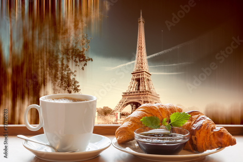 Coffee with croissants against Eiffel Tower in Paris  France