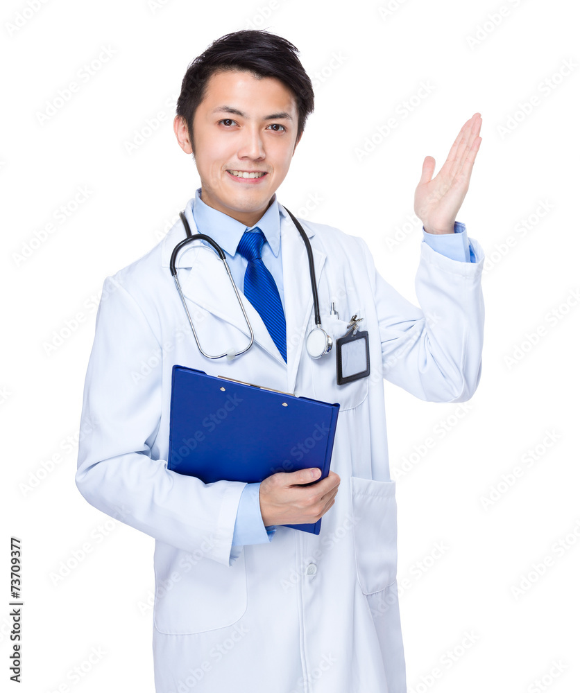 Doctor with clipboard and open hand palm Doctor with clipboard and open hand palm