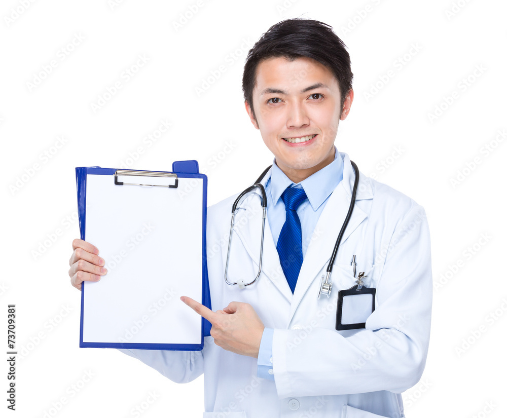 Doctor with finger point to blank paper Doctor with finger point to blank paper