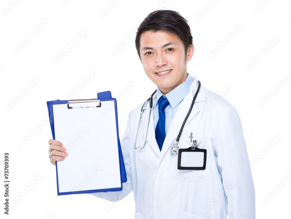 Asian doctor with white paper of clipboard Asian doctor with white paper of clipboard