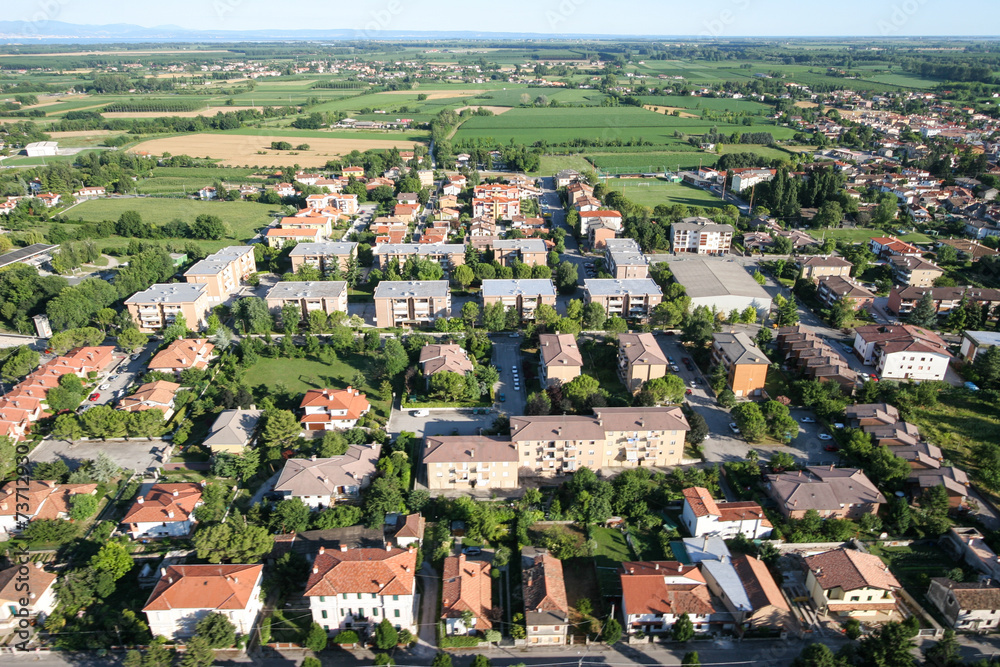 Village,/town seen from above. Helicopter view