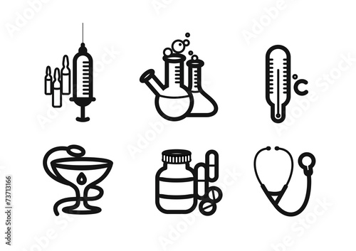 Icon set in black for medicine and pharmacy