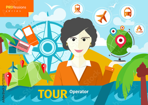 Female travel agent holding globe with pointers