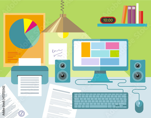 Workplace with notebook, lamp, books and furniture