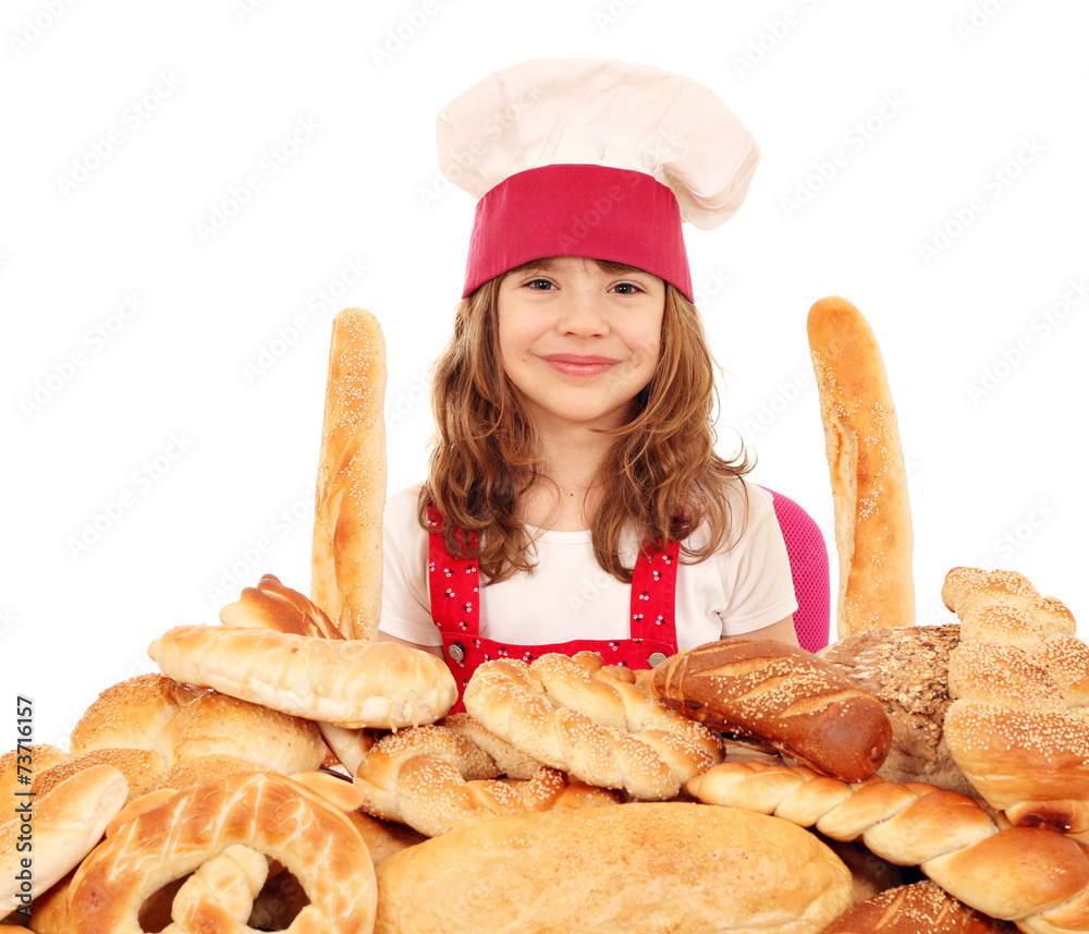 happy little girl cook with bread buns pretzels and rolls happy little girl cook with bread buns pretzels and rolls