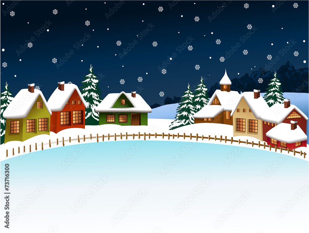 Christmas background with  snowy winter village