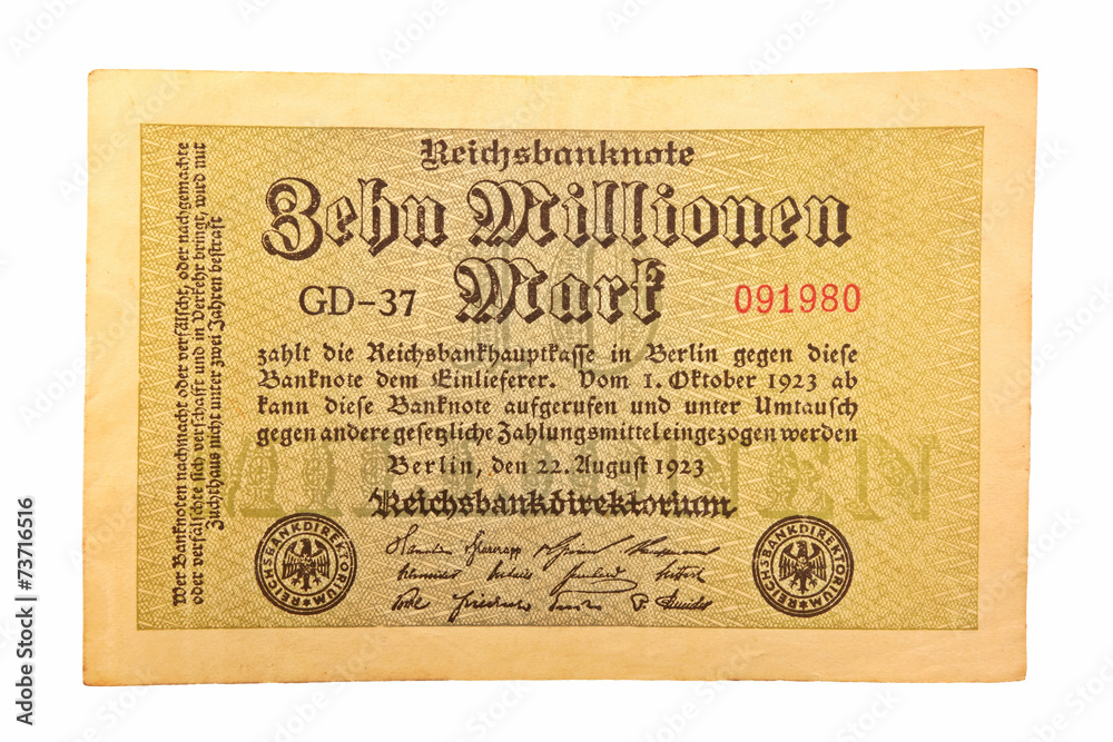 Inflationsgeld Reichsbanknote 22.08.1923 Zehn Millionen Mark Inflationsgeld Reichsbanknote 22.08.1923 Zehn Millionen Mark