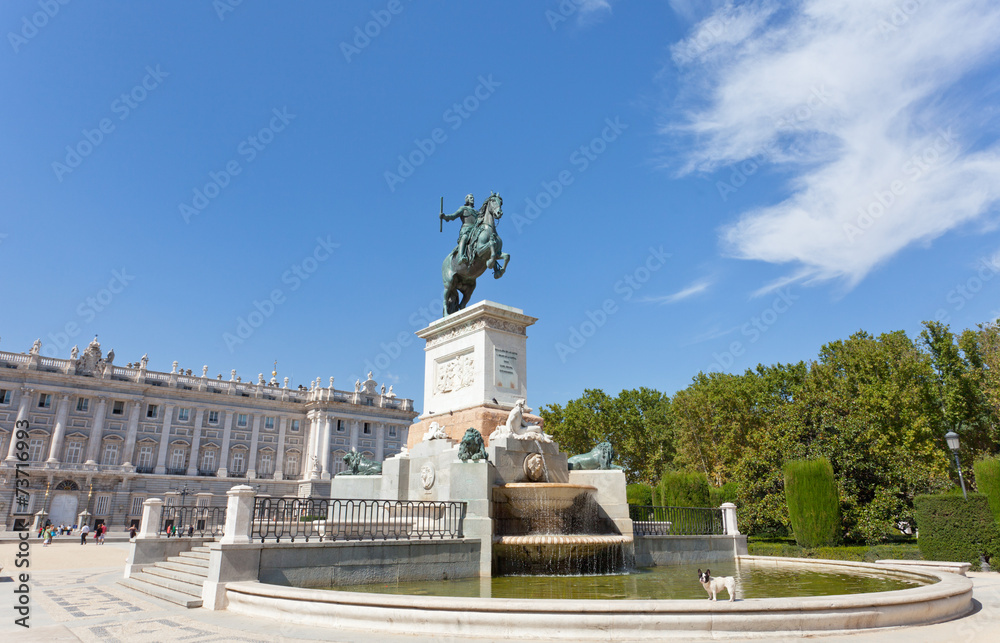 Fountain on square near Royal palace in Madrid, Spain