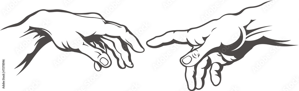 Hand to hand tattoo. Creation of Adam. Michelangelo