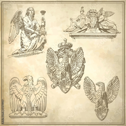 Photography set of sketch drawing winged element angel and eagle