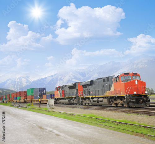 Canvas Print Freight train in Canadian rockies.