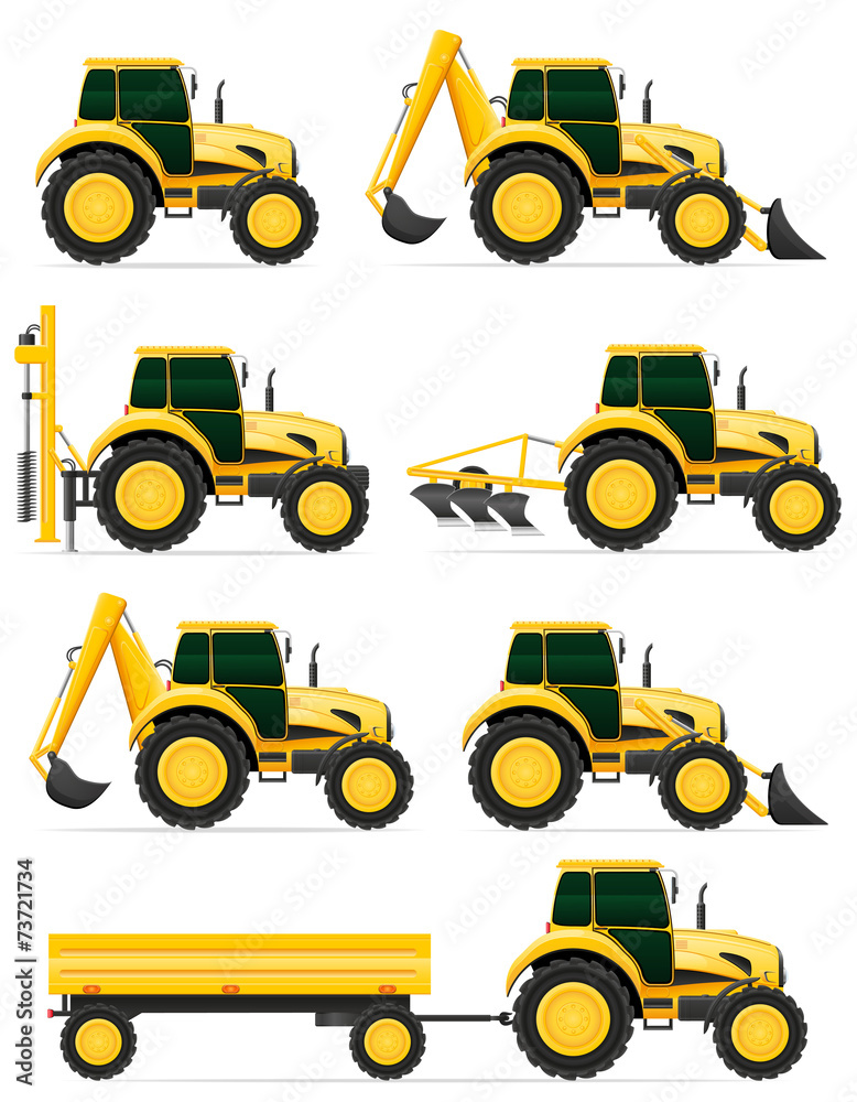 set icons yellow tractors vector illustration