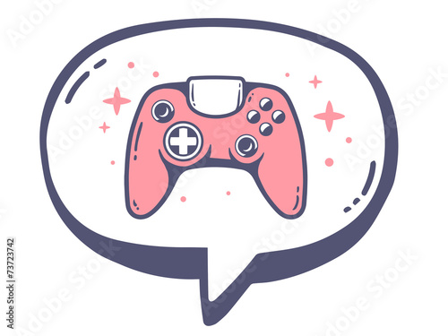 Vector illustration of bubble with icon of pink joystick on whit