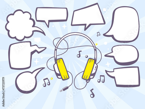 Vector illustration of headphones with comics bubbles on blue ba