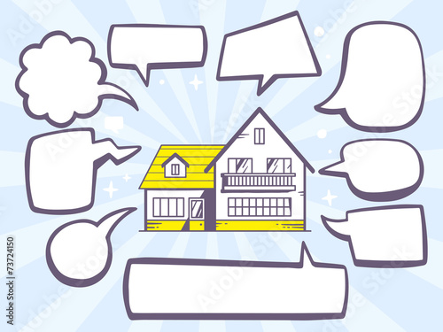 Vector illustration of house with speech comics bubbles on blue