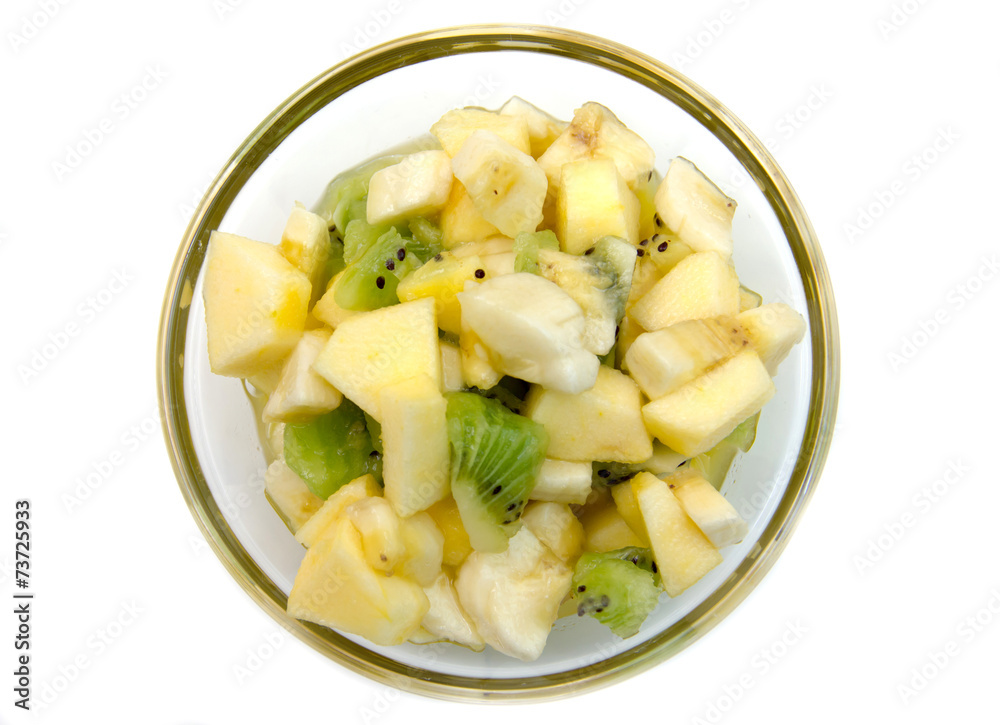 Bowl with fruit salad on white background top view Bowl with fruit salad on white background top view