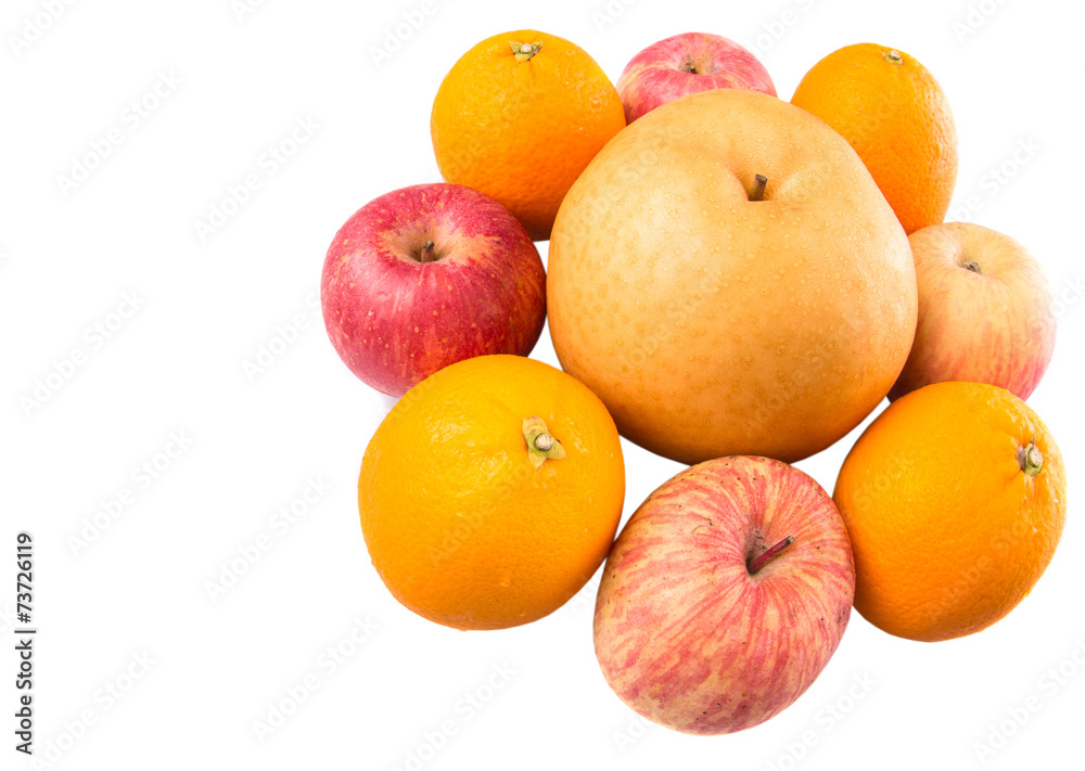 Gala apples, Nashi Asian pears and oranges over white background Gala apples, Nashi Asian pears and oranges over white background