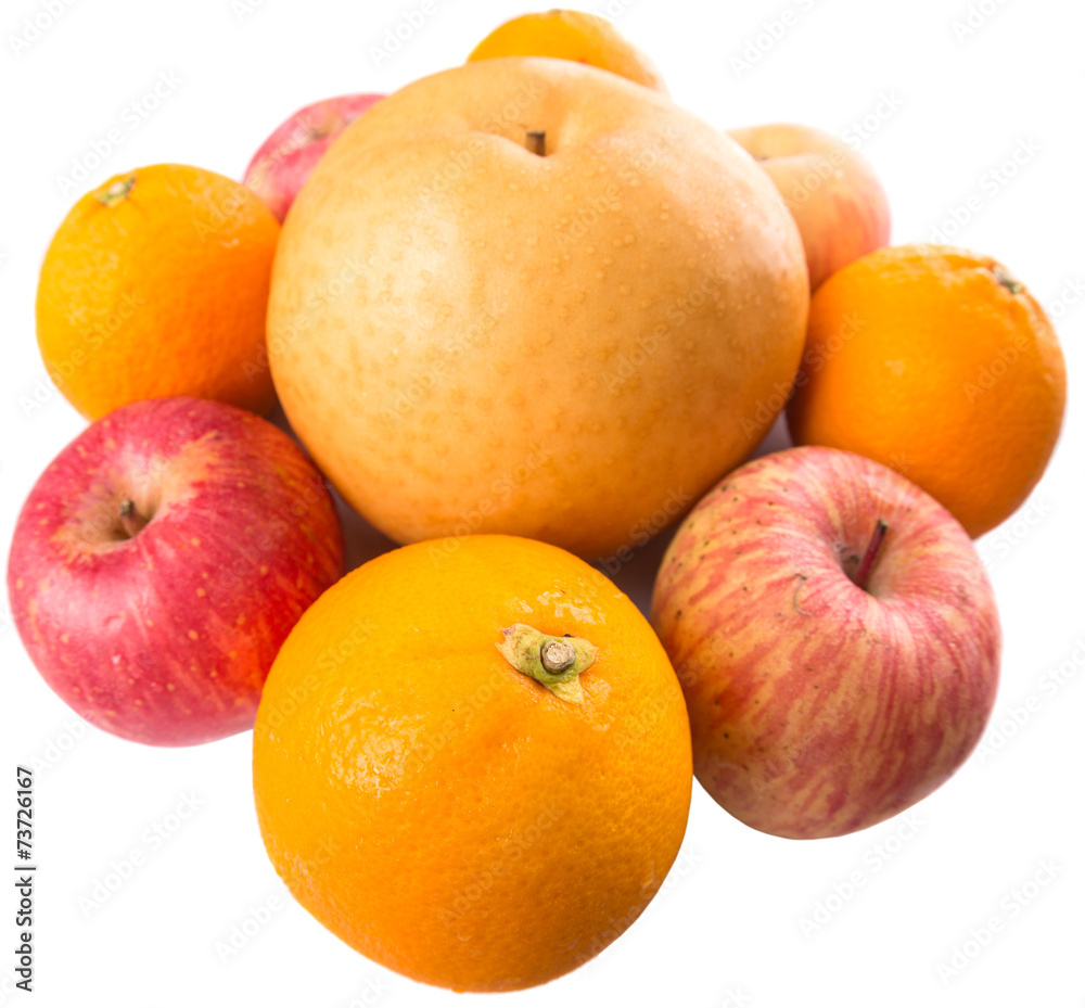 Gala apples, Nashi Asian pears and oranges over white background Gala apples, Nashi Asian pears and oranges over white background