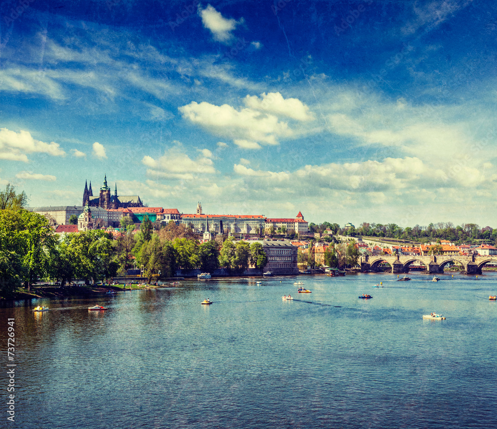 View of Charles bridge over Vltava river and Gradchany (Prague C