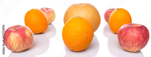 Gala apples, Nashi Asian pears and oranges over white background