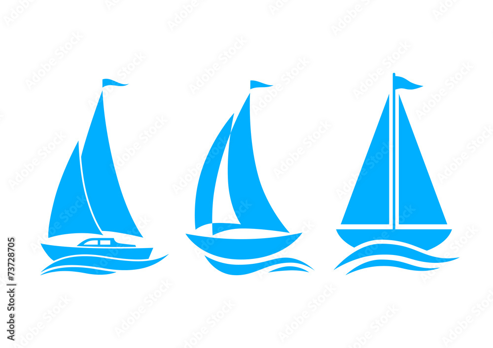 Fototapeta premium Blue sailboat icons on white background