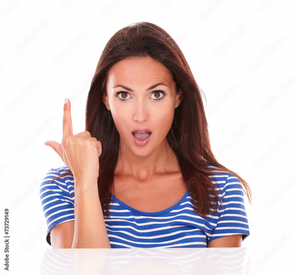 Surprised attractive lady pointing up as a gun Surprised attractive lady pointing up as a gun