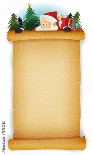 Santa Claus Behind Old Parchment Background