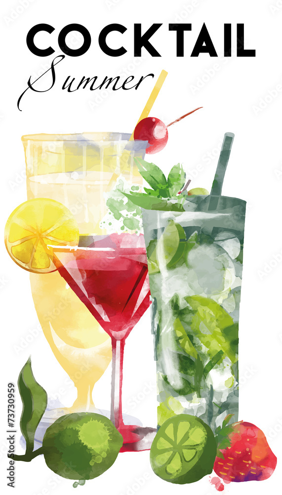 Watercolor coctail flyer pina colada Mojito Cosmopolitan Watercolor coctail flyer pina colada Mojito Cosmopolitan