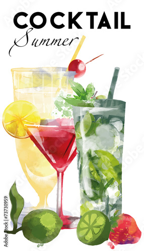 Watercolor coctail flyer pina colada Mojito Cosmopolitan