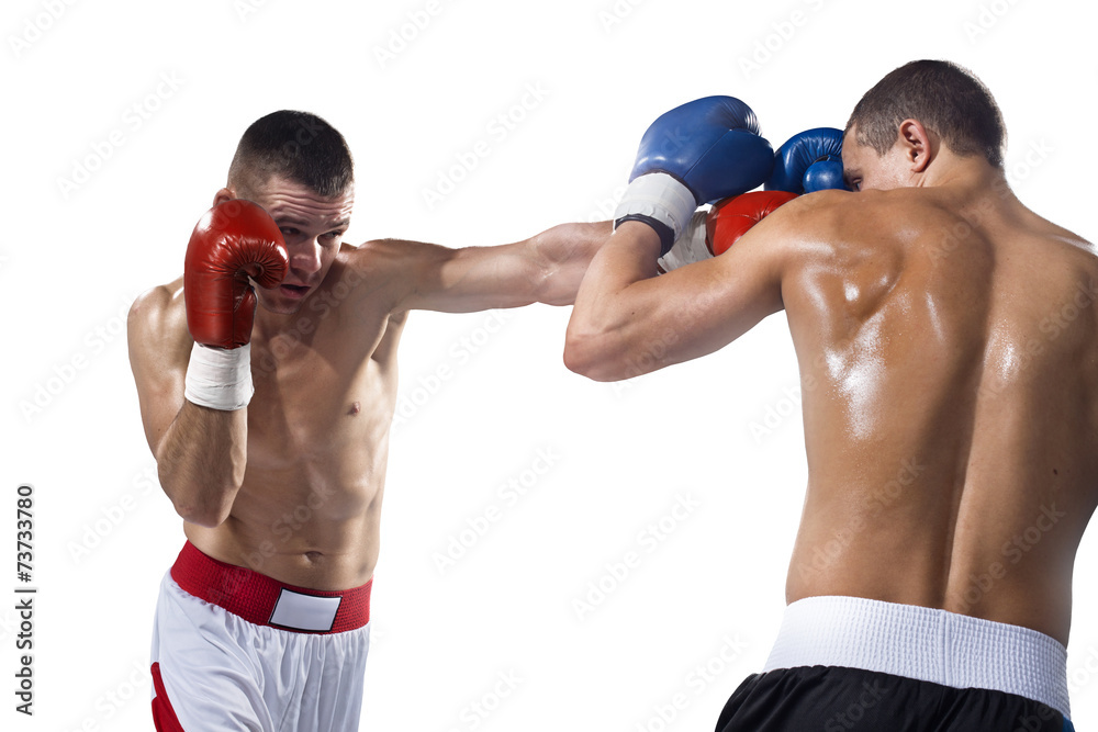 Two professionl boxers are fighting on the white
