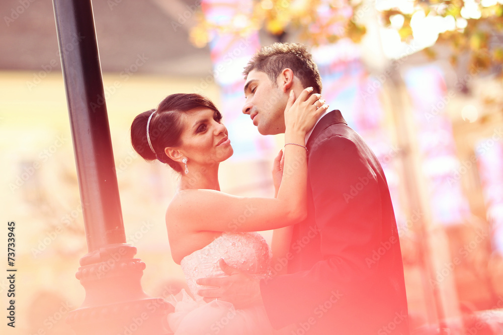 Obraz premium Bride and groom kissing and embracing in the city