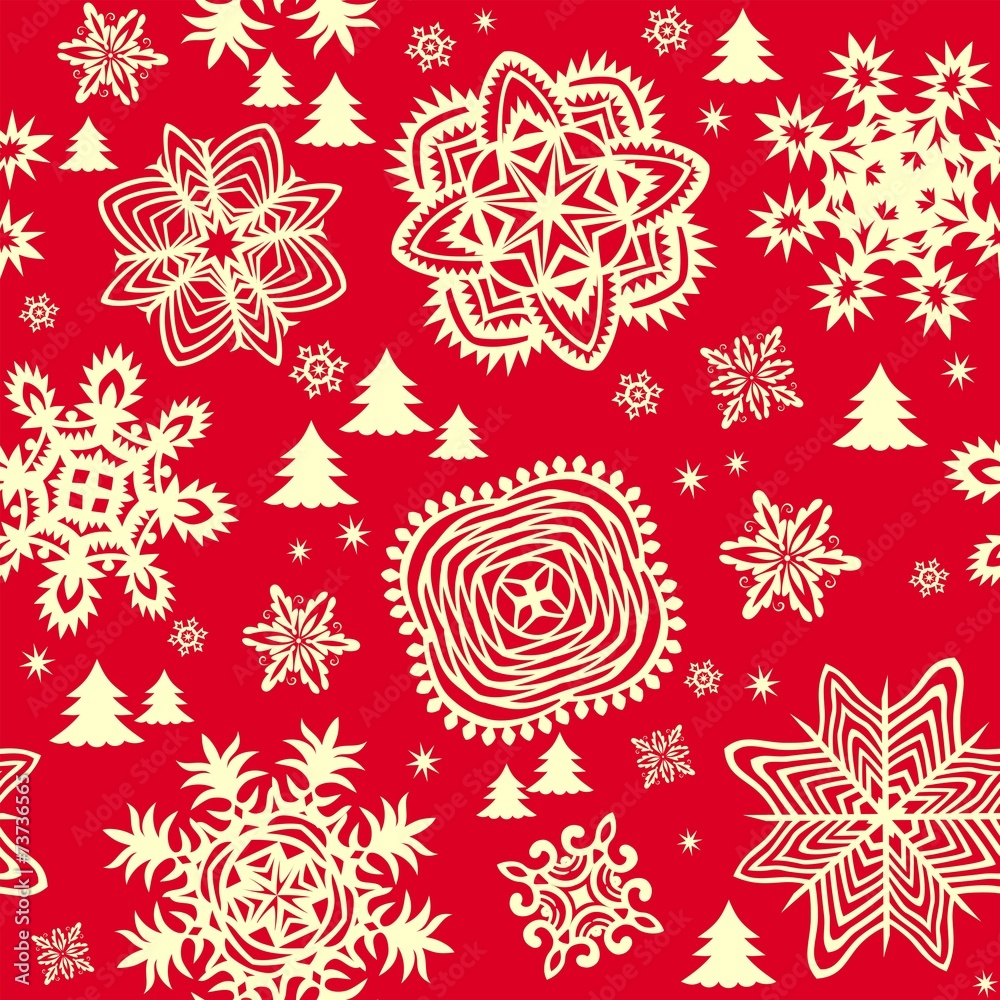 Winter red wallpaper with paper snowflakes and firs