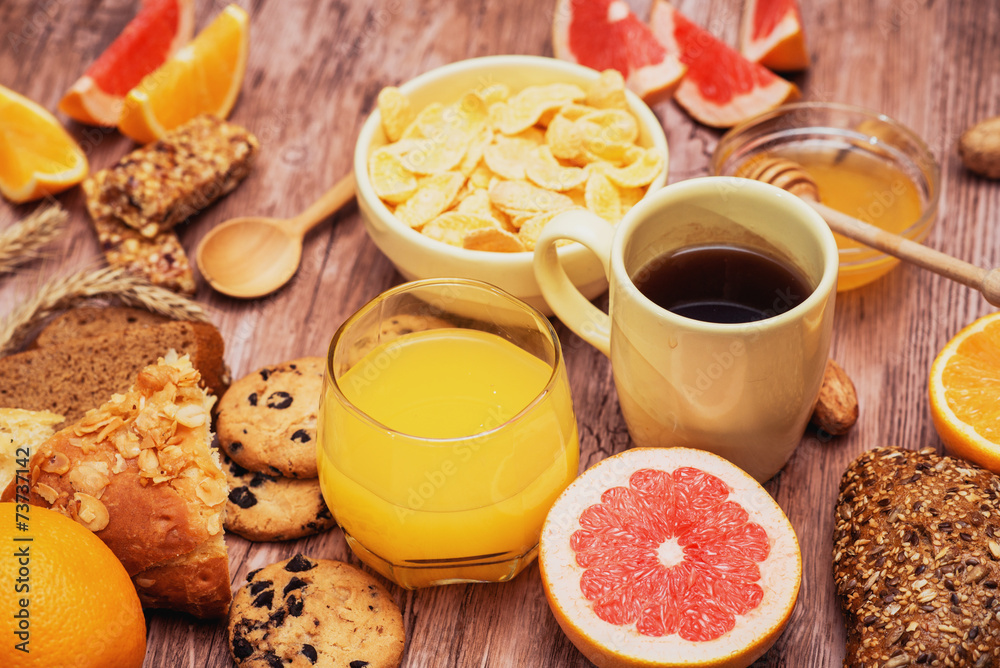 tasty breakfast with corn flakes, pie and juice tasty breakfast with corn flakes, pie and juice