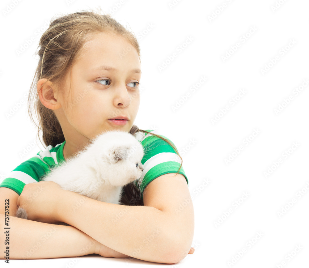 little girl and kitten on a white background isolated little girl and kitten on a white background isolated