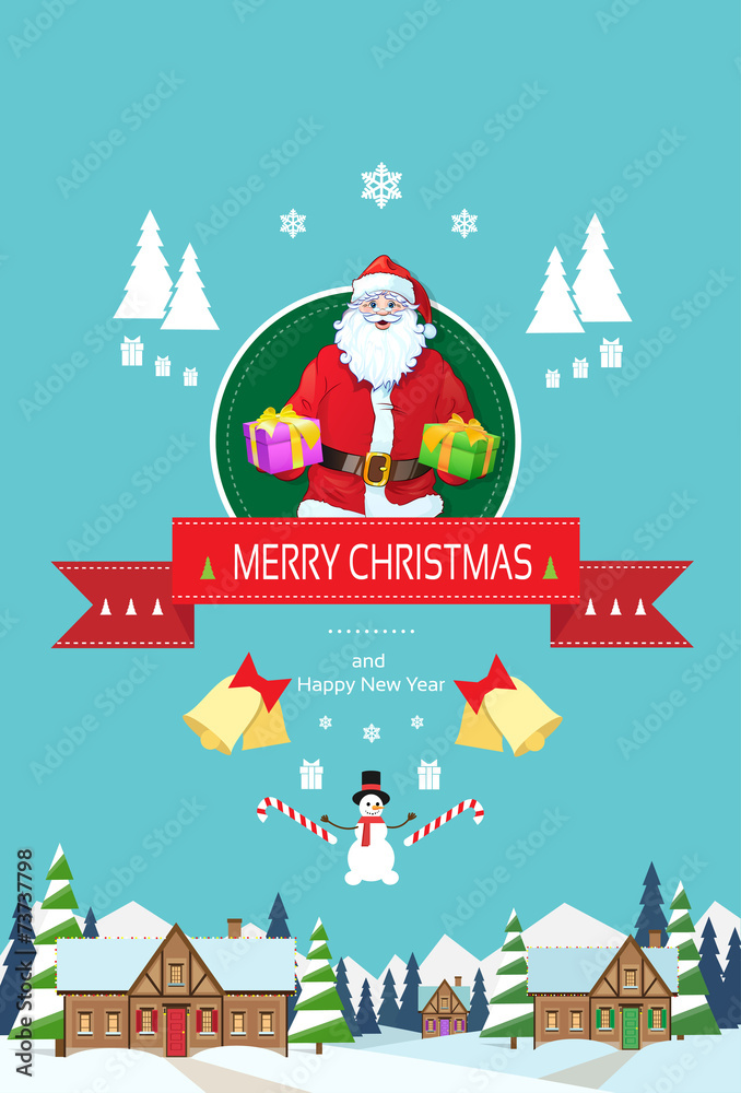 Santa claus on christmas greeting card holding gift box Santa claus on christmas greeting card holding gift box