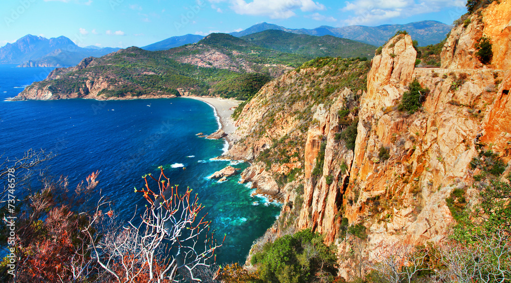 Fototapeta premium Wild coastal landscape of Calanques de Piana, Corsica. Dramatic red rocks and steep cliffs above secluded beach and turquoise Mediterranean sea. Scenic route, France travel, Mediterranean aesthetics.