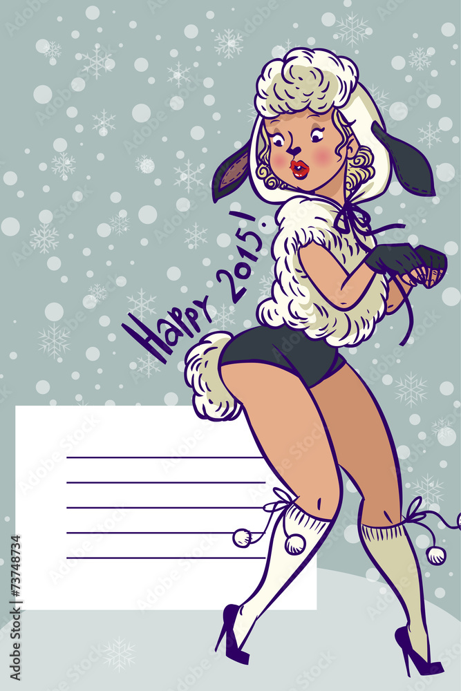 Obraz premium NewYear greetings card with Funny vector colorfull pin-up girl d