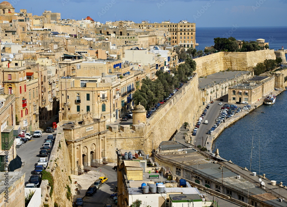 Sandstone buildings in  the old harbor in Valletta, Malta
