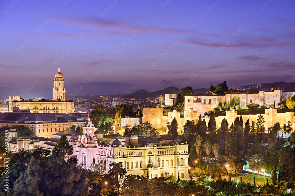 Malaga, Spain Cityscape at City Hall, Cathedral and Alcazaba