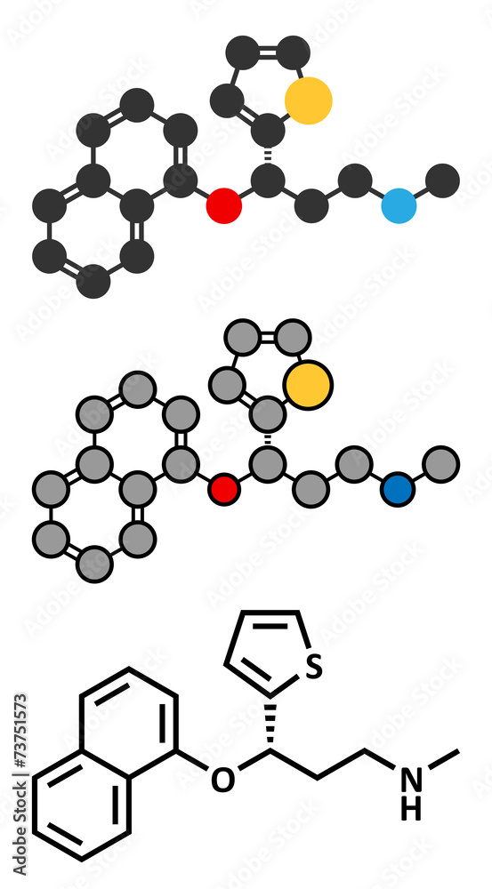 Duloxetine antidepressant drug (SNRI class) molecule. 