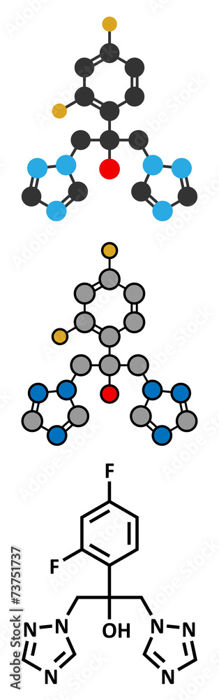 Fluconazole antifungal drug (triazole class) molecule. Fluconazole antifungal drug (triazole class) molecule.